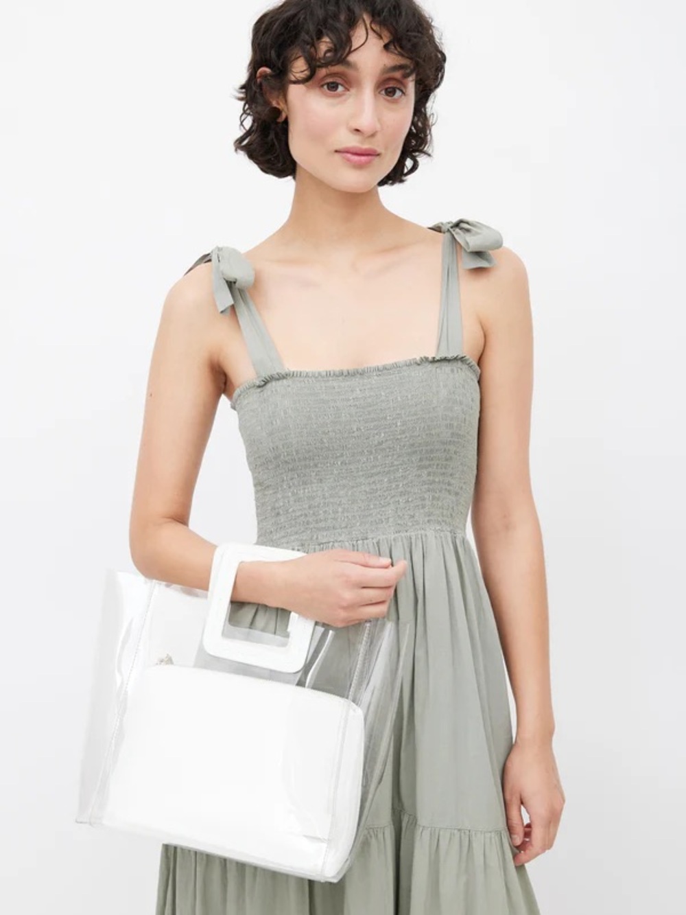 STAUD Shirley Clear Tote with White Square Handle and Pouch